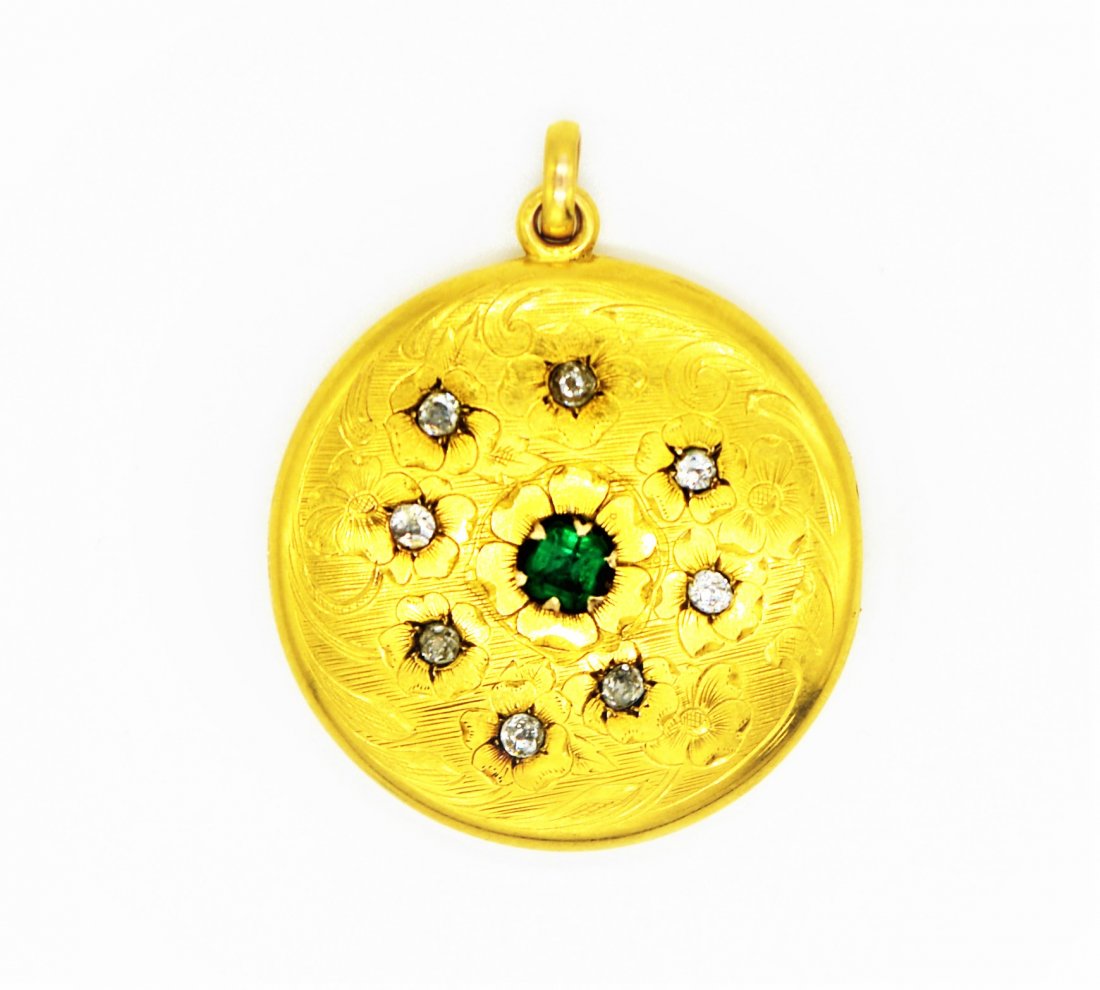 EXTREMELY RARE ANTIQUE EMERALD & DIAMOND GOLD LOCKET (1 of 5)