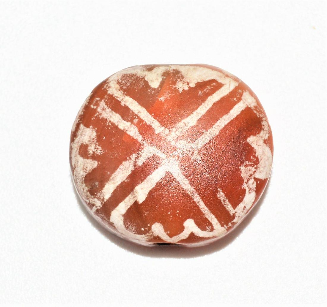 ANCIENT DECORATED CARNELIAN BEAD WITH STRIPES RARE: Ancient Decorated Carnelian Bead With Stripes Circa 400 BCE to 600 CE .