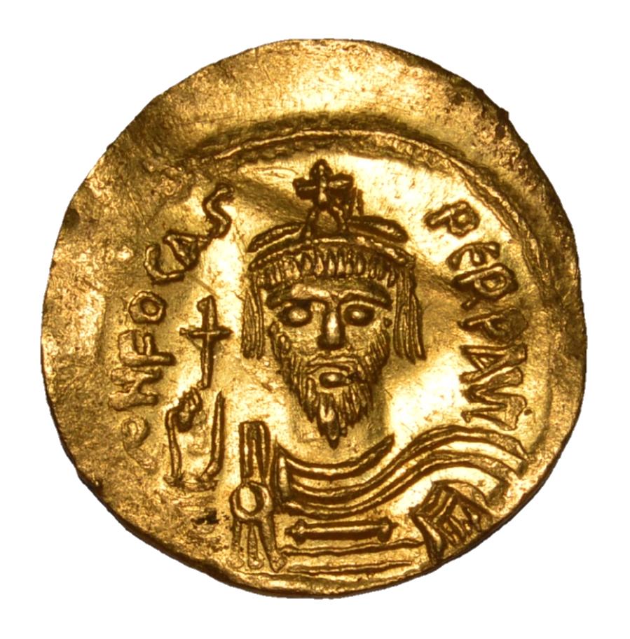 ANCIENT BYZANTINE EMPIRE PHOCAS (AD 602-610) AV SOLIDUS: Ancient Byzantine Empire - Phocas (AD 602-610). AV Gold Solidus (4.47 gm ). Mint : Constantinople, 5th officina. ? NFOCAS-PЄRP AVI, draped and cuirassed bust of Phocas facing, wearing crown with