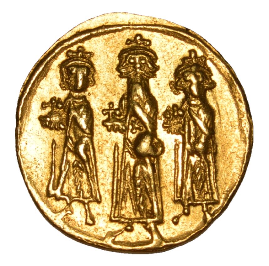 ANCIENT BYZANTINE EMPIRE HERACLONAS 641 AV GOLD SOLIDUS: HISTORICALLY IMPORTANT ANCIENT BYZANTINE EMPIRE AV GOLD COIN, - Heraclonas, with Heraclius and Heraclius Constantine. 641. AV Gold Solidus . Constantinoplemint, 7th officina. Crowned figures of Heracl