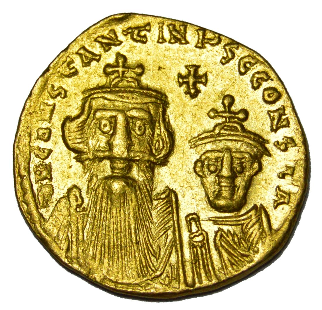 BYZANTINE EMPIRE HERACLIUS (AD 610-641) AV SOLIDUS RARE: Ancient Byzantine Empire - Heraclius (AD 610-641) and Heraclius Constantine (AD 613-641). AV solidus (4.49 gm) . Carthage,dated Indictional Year 8, 1st cycle (AD 619/20). D N ЄRACLIO ET ЄR
