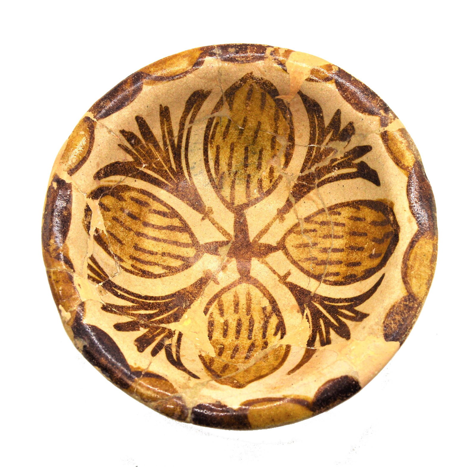 VERY RARE ABBASID POLYCHROME LUSTRE POTTERY BOWL 9TH CE: A VERY RARE ISLAMIC ABBASID POLYCHROME LUSTRE POTTERY BOWL MESOPOTAMIA, CIRCA 9TH CENTURY Ofrounded form with everted rim on short foot, the off-white interior painted in two shades of brown lustre wi