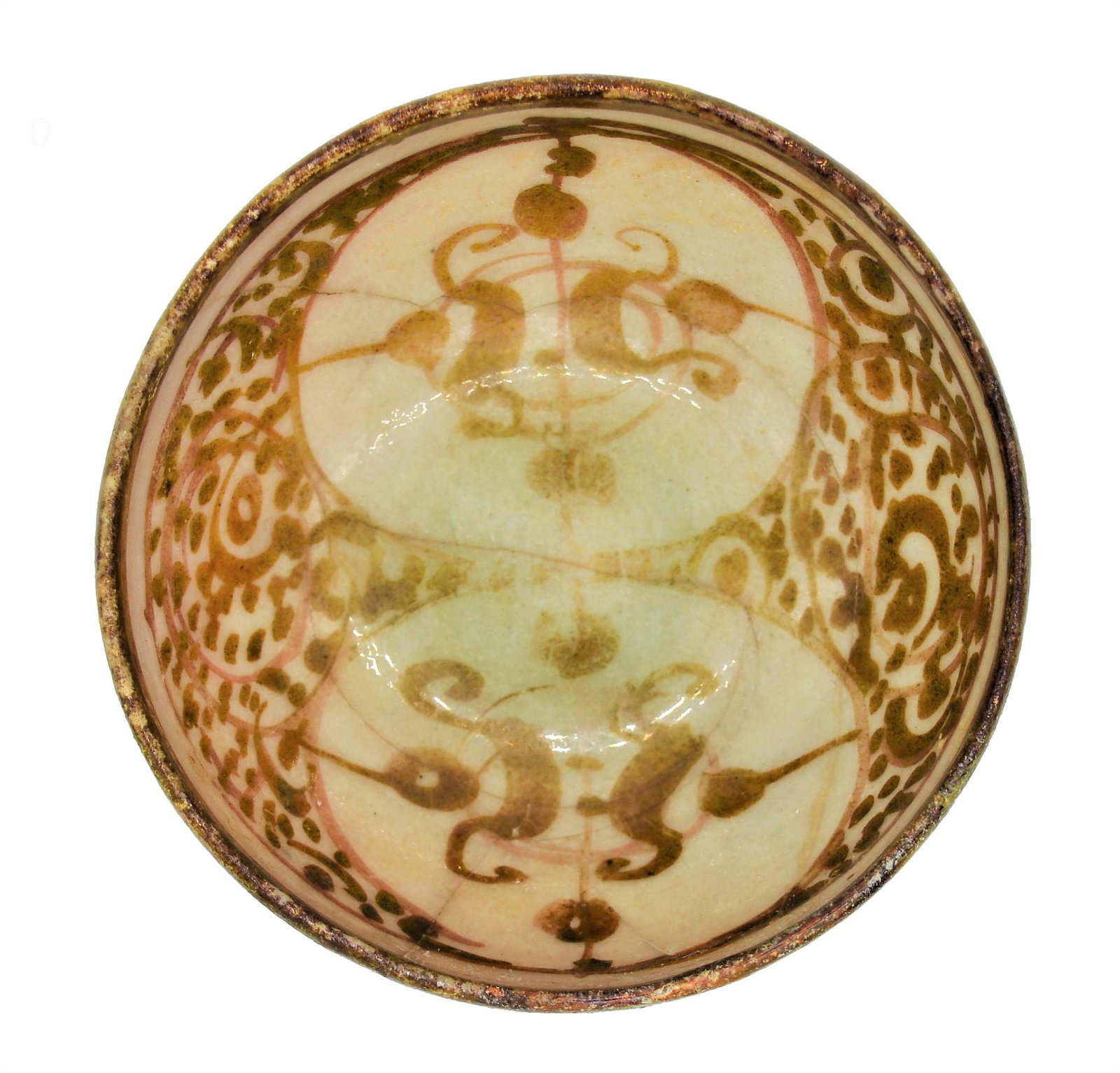 VERY RARE ISLAMIC KASHAN GOLD LUSTRE POTTERY BOWL 12TH: A VERY RARE ISLAMIC KASHAN GOLD LUSTRE DECORATED CERAMIC POTTERY BOWL 12TH-13TH CENTURY, SELJUK OR MONGOL PERIOD. Of Extremely High Quality Bowl made of top Meterials 'Gold' honey-coloured lustre Cert