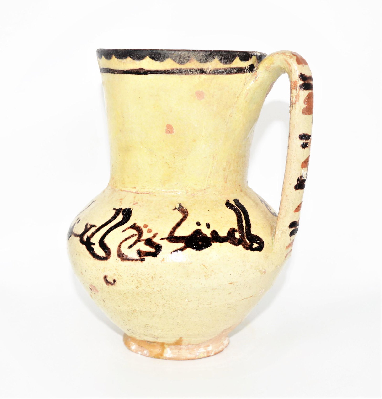 A LARGE ISLAMIC SAMANID CALLIGRAPHIC POTTERY JUG 10TH C: A Magnificent & LARGE ANCIENT ISLAMIC SAMANID CALLIGRAPHIC POTTERY JUG, SAMARKAND CENTRAL ASIA CIRCA 10TH/11TH CENTURY, Of Large Size & With Beautiful Calligraphy in Kufic style Arabic on the body of 