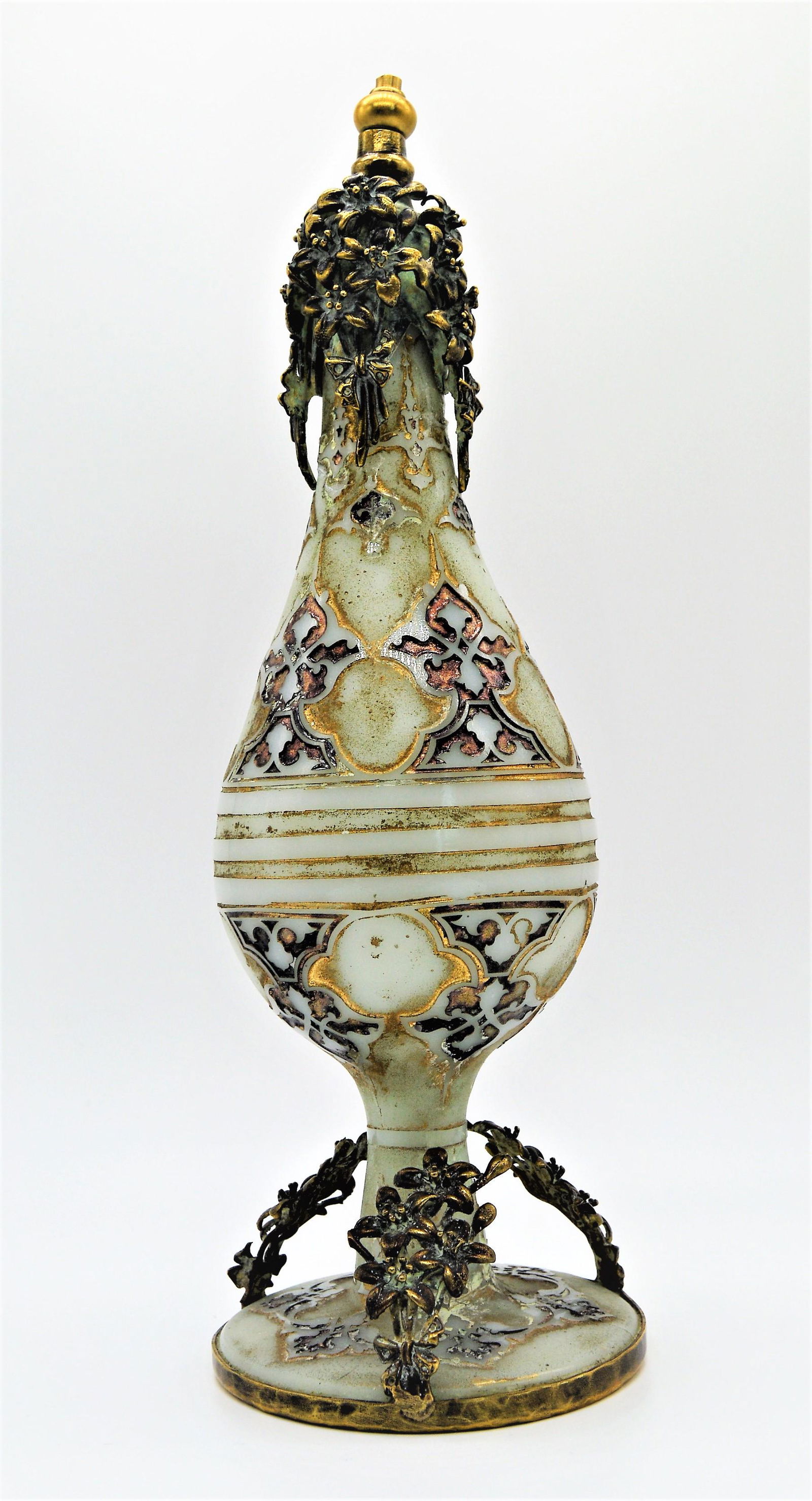 RARE ISLAMIC OTTOMAN GILDED GLASS ROSE WATER SPRINKLER: A Rare Antique Islamic Ottoman Gilded Glass Rose Water Sprinkler, Turkey Circa 19th-20th Century, Of Beautiful Design & Shape,With gilt designs & flowers, With Brass Top. Measurement: 25 cm High.