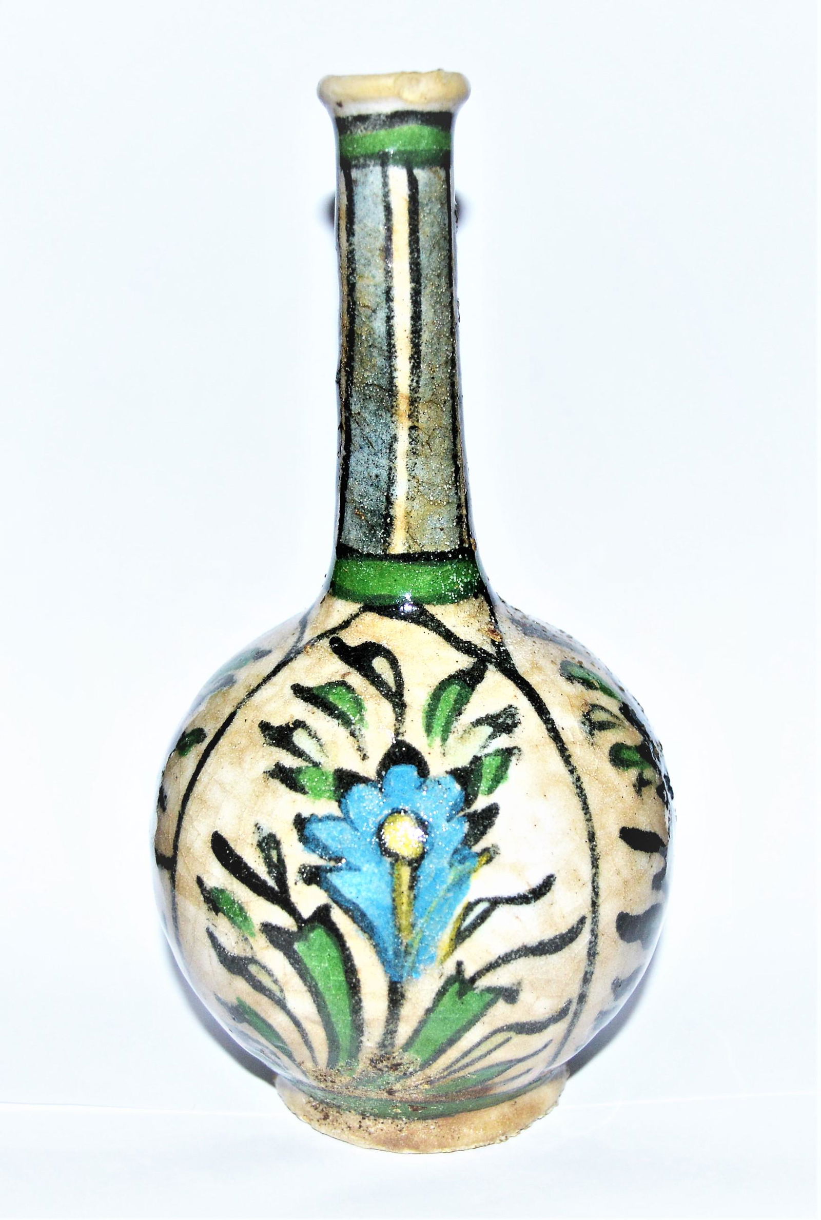 ANTIQUE ISLAMIC PERSIAN QAJAR CERAMIC BOTTLE 19TH CENTU: Antique Qajar Ceramic Bottle or Vase With Flower Pattern, Circa 19th Century, typical for Persian Qajar period in the 19th century.The vessel could serve for water or tea, the design of flowers is qui