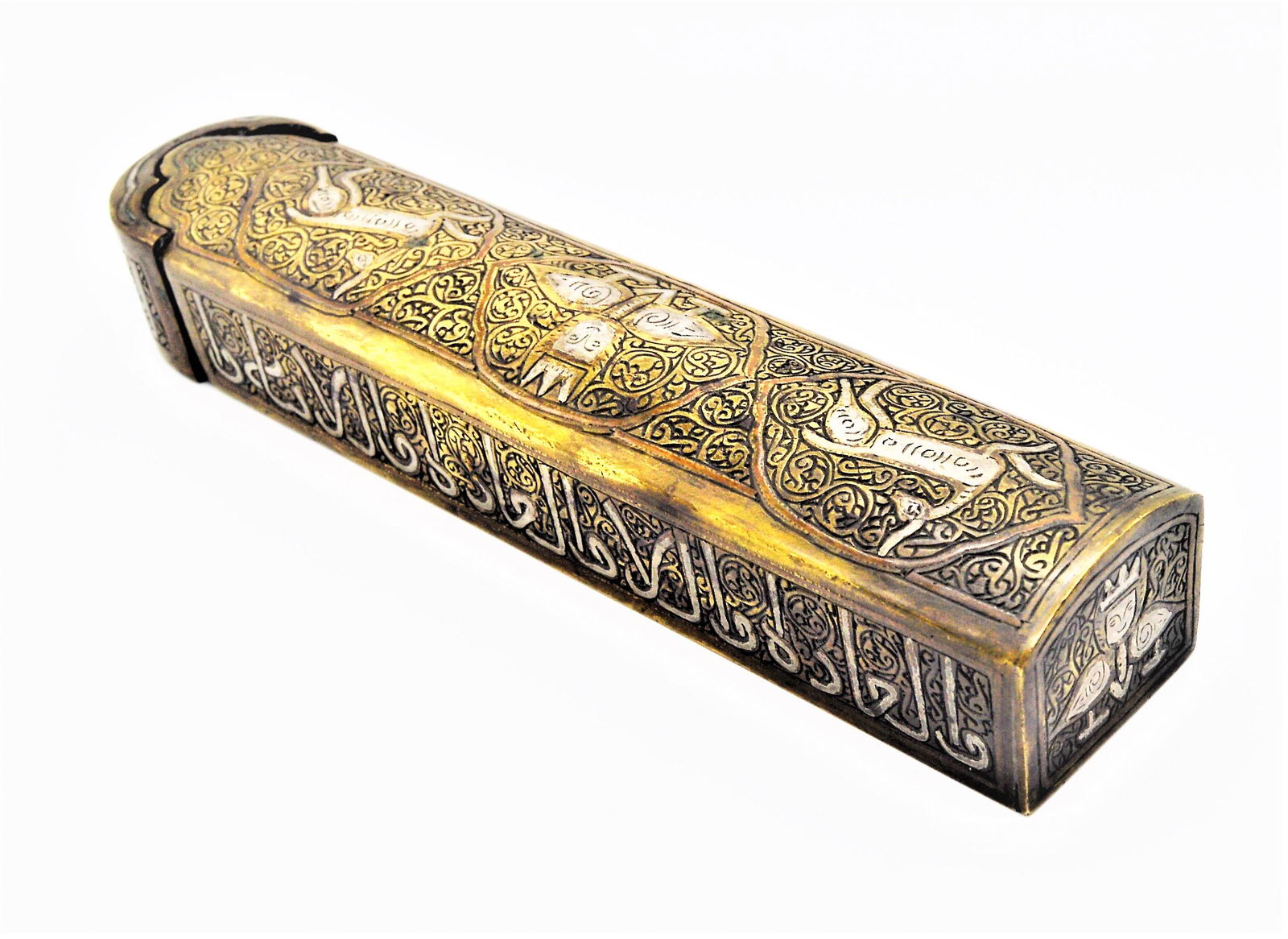 ANTIQUE SELJUK STYLE PERSIAN SILVER INLAID BRASS PENBOX: A Rare Antique Seljuk Style Persian Silver Inlaid Brass pen box, Circa 19th-20th Century, Of Very Rare Medieval Islamic SeljukStyle Penbox.