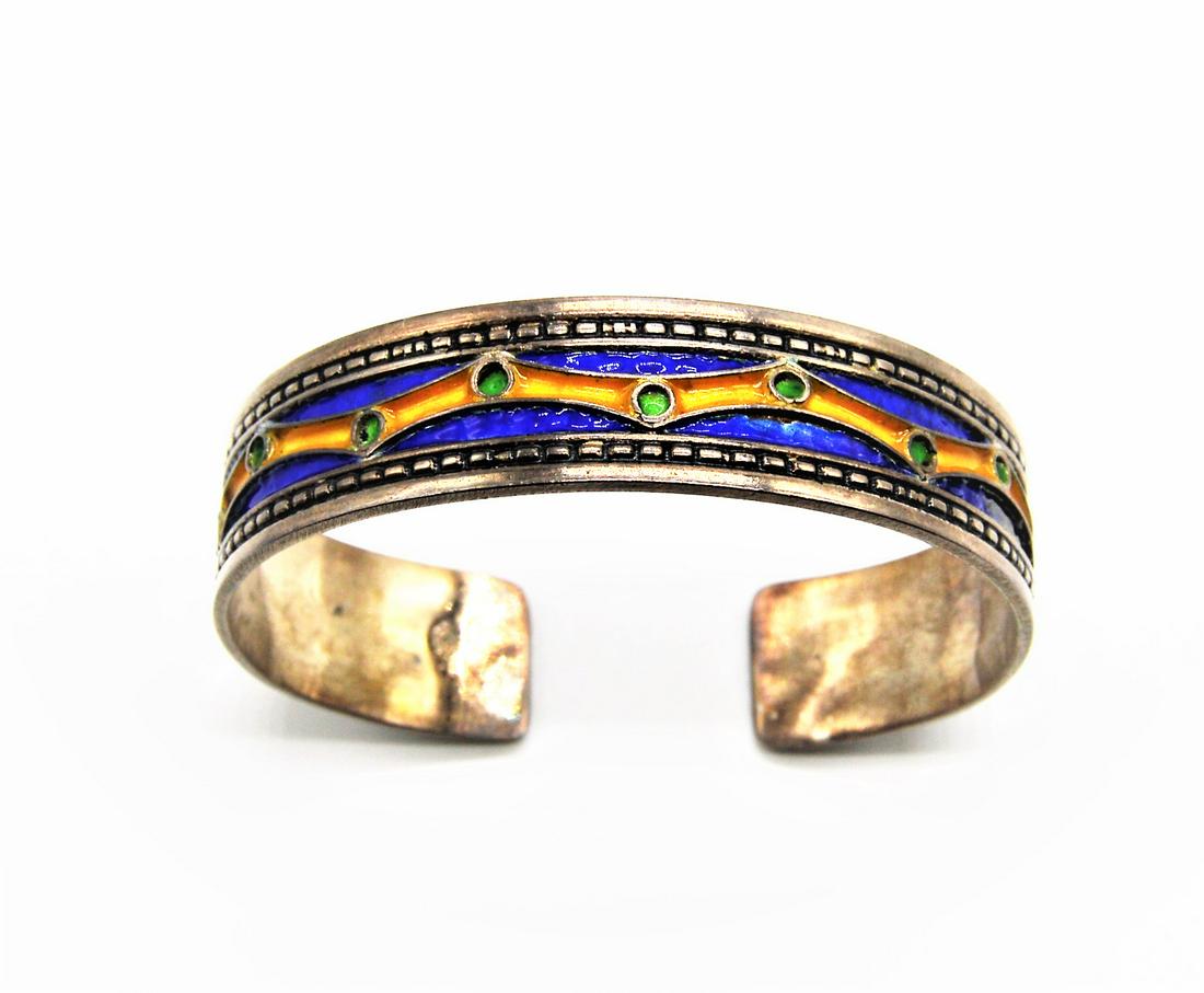 A BEAUTIFUL MOROCCAN/PERSIAN ENAMELED SILVER BRACELET: A Rare & Beautiful Vintage Moroccan / Persian or Moroccan/Turkman Enamel Sterling Silver Bracelet , With Some Islamic StyleDesigns Works , Multi Color Enamel.