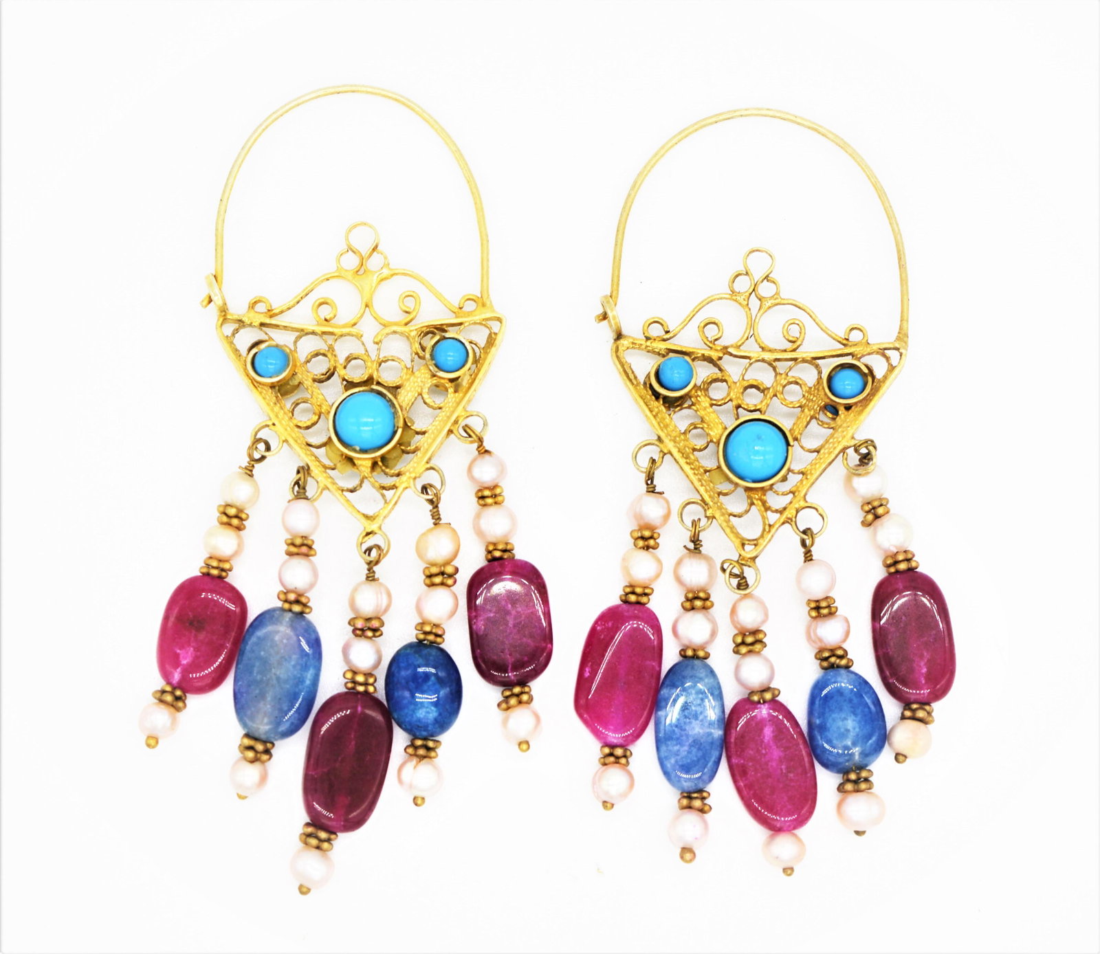 VINTAGE PAIR OF BUKHARA TURKMEN SILVER & GILT EARRINGS: VINTAGE PAIR OF MUGHAL STYLE BUKHARA TURKMEN SILVER & GILT EARRINGS, Wiwth Multi Stones.