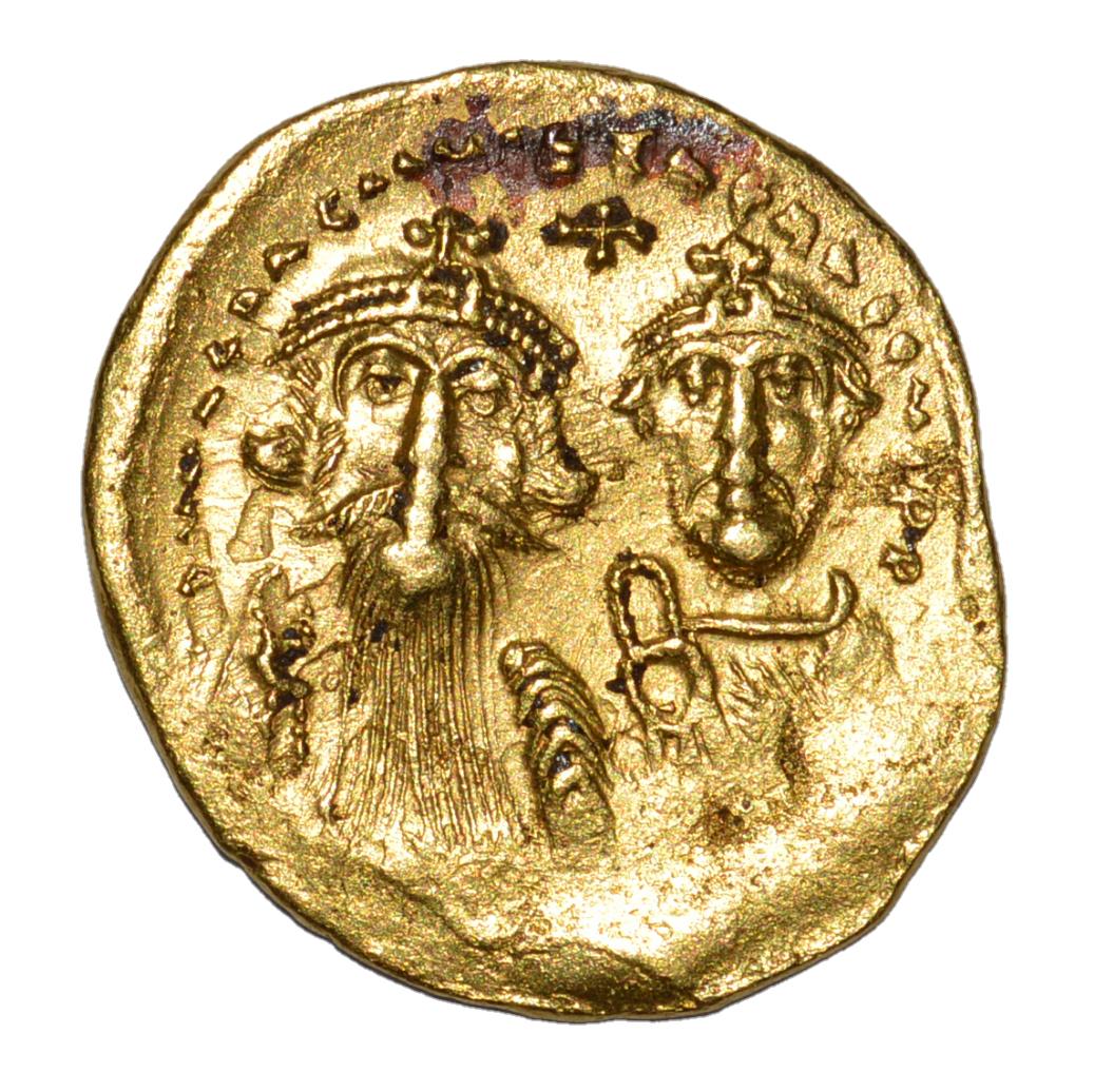BYZANTINE EMPIRE HERACLIUS (610-641 AD) AV SOLIDUS RARE: ANCIENT BYZANTINE EMPIRE - Heraclius, with Heraclius Constantine (610-641 AD). AV Solidus (21mm, 4.47 g, 6h).Constantinople mint, 3rd officina. Struck 629-632 AD. Obv: Crowned and draped facing busts 