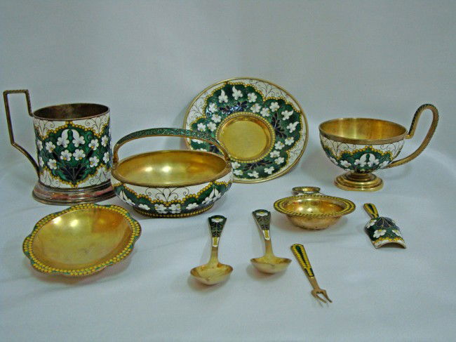 A Russian Enamel Silver Set: An Russian Beautiful Enamel Silver Tea Set Circa 18th Century Weight : 898.38gm