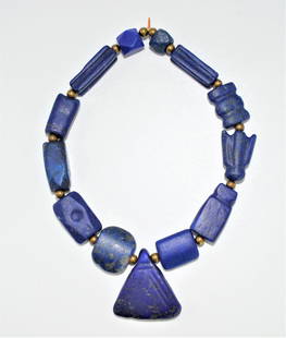 AN EXTREMELY RARE ANCIENT LAPIS LAZULI BEADS NECKLACE: AN EXTREMELY RARE ANCIENT LAPIS LAZULI BEADS NECKLACE. Probably Acheamanids or Bactrian Period. Circa 2nd-1st century BC