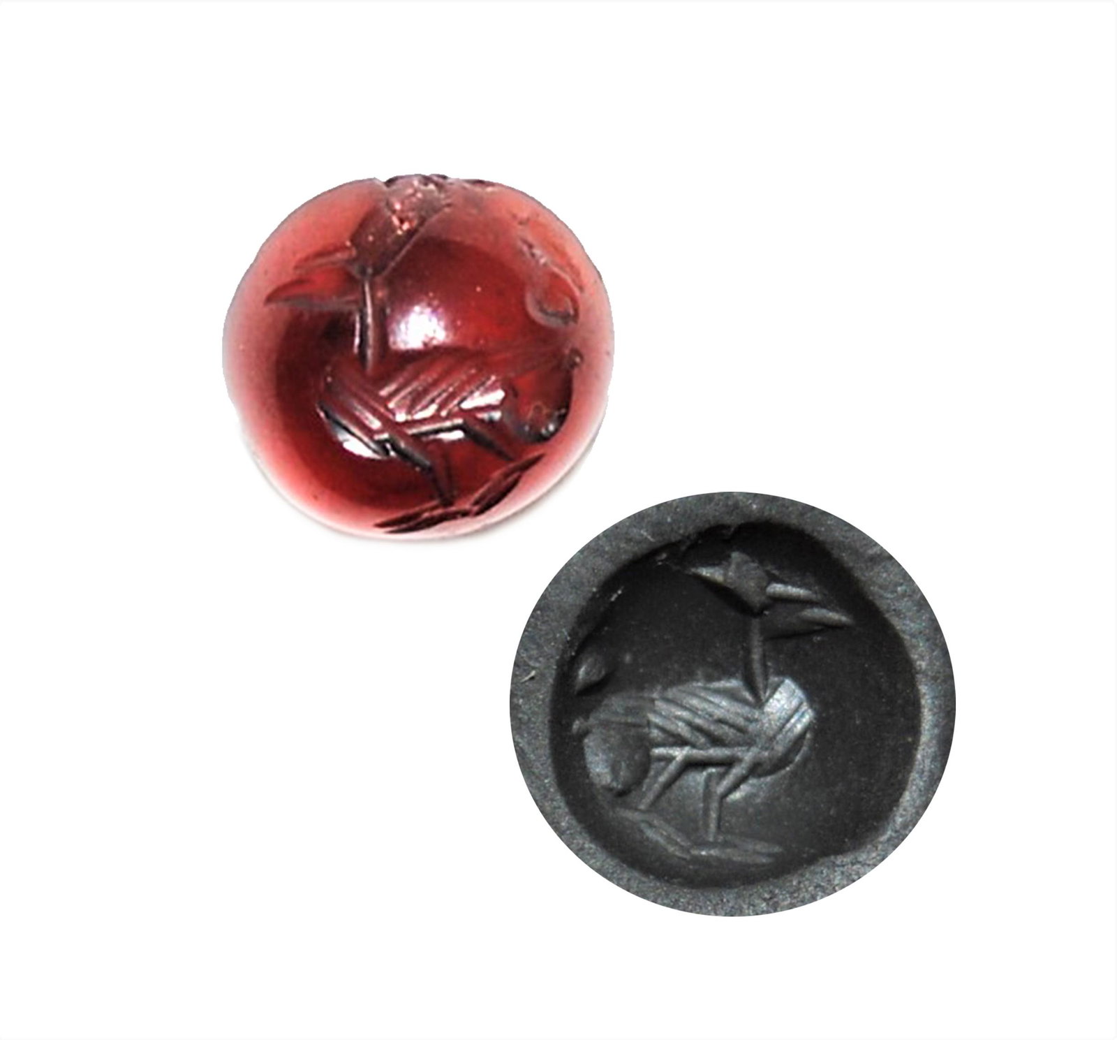ANCIENT ROMAN SASANIAN GARNET BIRD INTAGLIO 4TH CENTURY: ANCIENT ROMAN SASANIAN GARNET BIRD INTAGLIO CIRCA 2ND-4TH CENTURY. 7mmX7mm.
