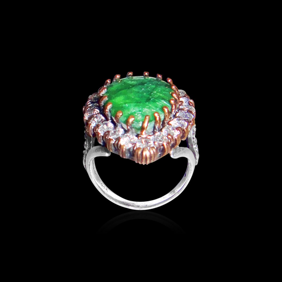 An Emerald Oval Shaped Zircon Sterling Silver Ring: An Impressive Emerald/Emerald Colored Stone With Zircon Set in Sterling Silver Ring , Probably Turkish .