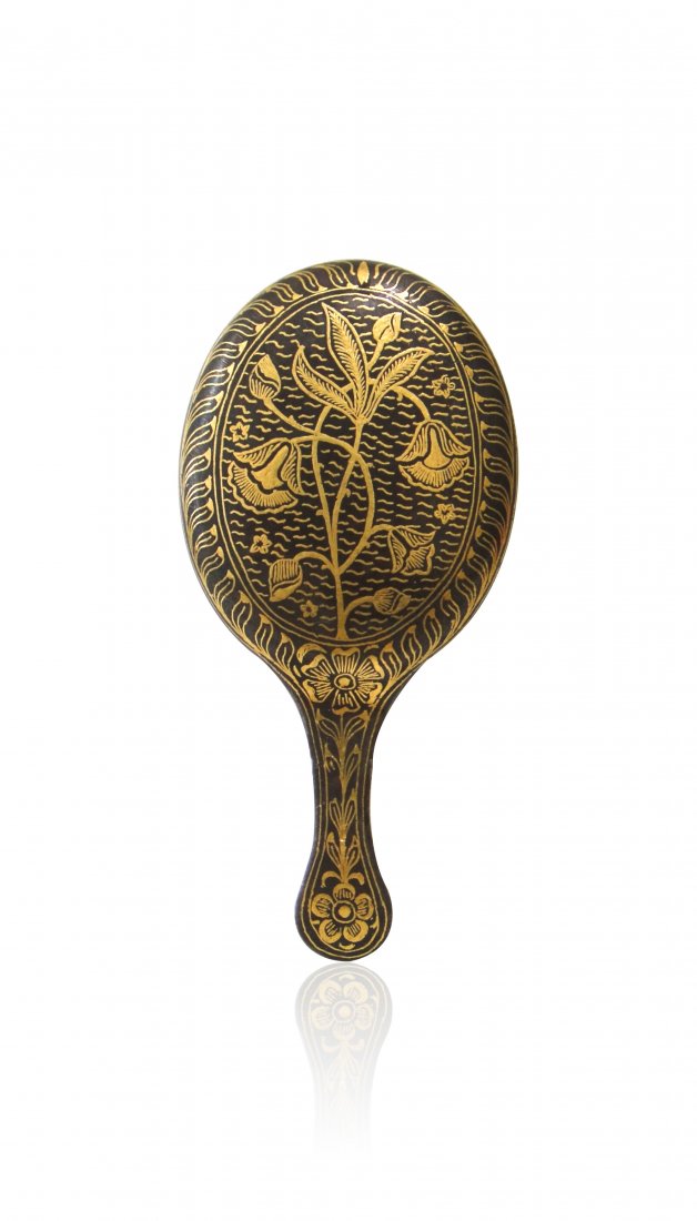 A Rare Ottoman/Mughal Brass Mirror 19th Century: An impressive Ottoman/Mughal Brass or Bronze Mirror India or Turkey 19th Century , Decorated with Gilt or Gold-Plated , Beautiful Flower Designs , Extremely Fine Work .