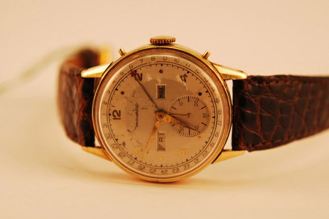 Movado 14k YG Complication Calender Watch. Leather: Movado 14k YG Triple Complication Calender Watch. Leather Band.