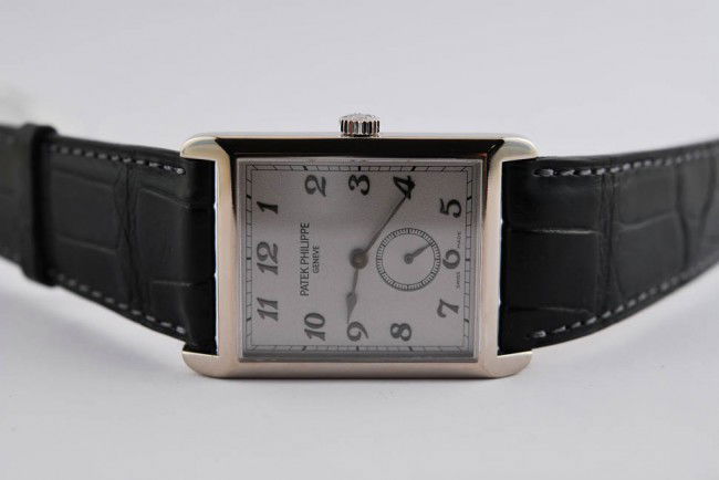 Patek Philippe 18K White gold Square with leather: Patek Philippe 18K White gold Square with leather band Est $23000
