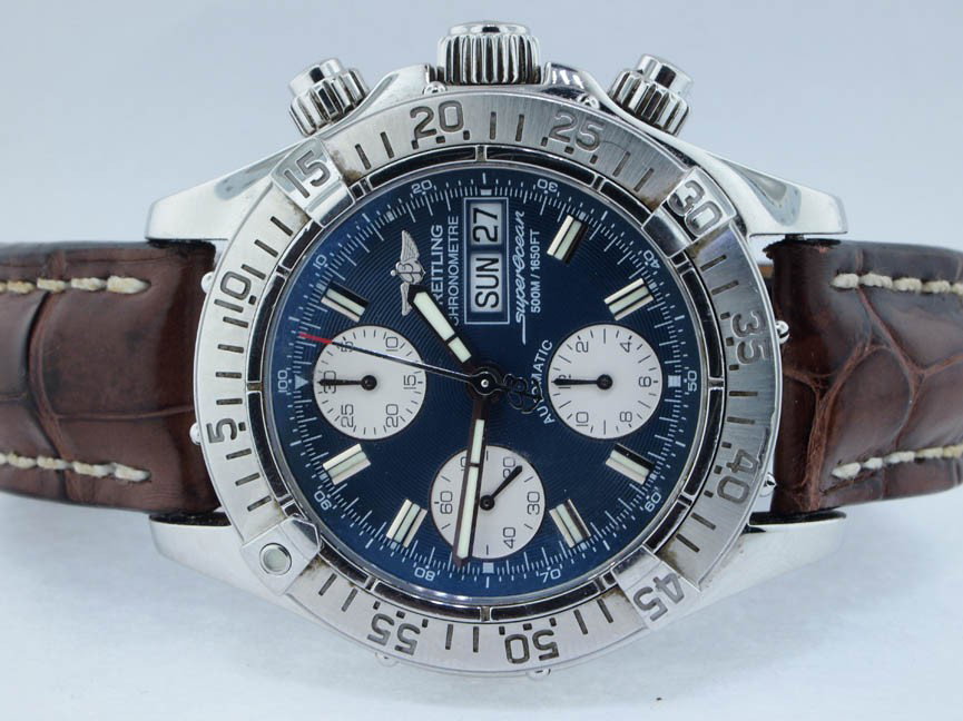 Breitling Mens Stainless Steel Super Ocean Chronogr: Breitling Mens Stainless Steel Super Ocean Chronograph. Day, Date, Chronograph, Chronographe, Leather Strap, Breitling, Super Ocean, Stainless Steel, Diver, Deployment Buckle, Swiss Made, Pre-Owned, B