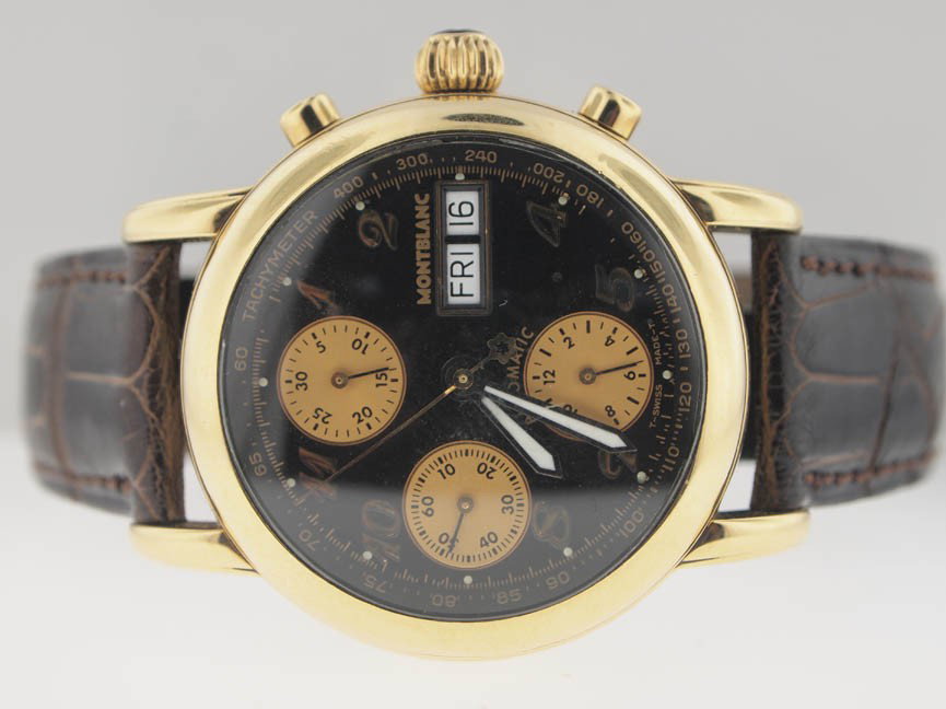 Montblanc Mens 18k Skeleton Chronograph. $14.7k Ret: Montblanc Mens 18k Skeleton Chronograph. $14.7k Retail. Montblanc, Mens, 18k Gold, Chrongraph, Day, Date, Skeleton Back, Automatic Movement, Aprox Retail $14700, Leather Strap, Swiss Made, Beautiful C