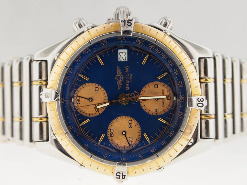 Breitling Mens 18k and SS Chronograph. Bullet Brace: Breitling Mens 18k and SS Chronograph. Bullet Bracelet. Breitling, Mens, 18k Gold, Stainless Steel, Chronograph, Aftermarket Bullet Bracelet, Date, Swiss Made, Good Condition, Extra Link, Pre-Owned.