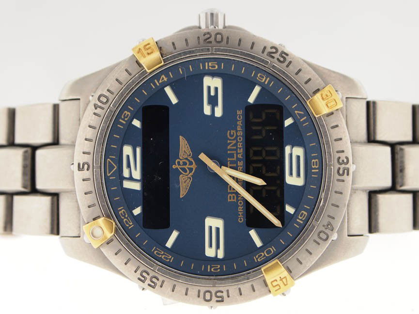 Breitling Mens Titanium and 18k Aerospace.: Breitling Mens Titanium and 18k Aerospace. Breitling, Mens, Titanium, 18k Gold, Chronometer Aerospace, Digial and Analog, Deployment Buckle, Swiss Made, Beautiful Condition, Pre-Owned.