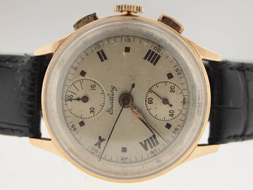 Breitling Mens 18k Vintage Chronograph. Circa 1940: Breitling Mens 18k Vintage Chronograph. Circa 1940s. Breitling, Mens, 18k Gold, Two Dial Chronograph, Vintage, Circa 1940s, Manual Wind Movement, Leather Strap, Swiss Made, Beautiful Vintage Condition
