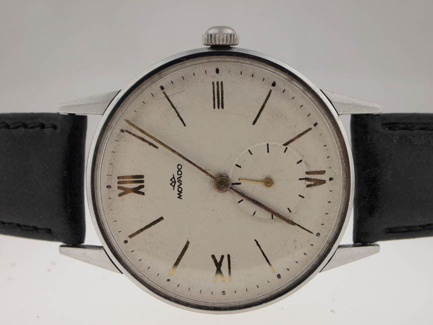 Movado Mens SS Vintage Watch. Circa 1940s.: Movado Mens SS Vintage Watch. Circa 1940s. Movado, Mens, Large Size, Stainless Steel, Vintage, Circa 1940s, Manual Wind Movement, Separate Seconds Dial, Thin Movement, Leather Strap, Swiss Made, Beaut