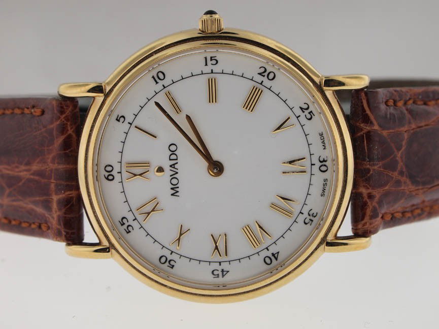 Movado Mens Vermeil Dress Watch. Crocodile Strap.: Movado Mens Vermeil Dress Watch. Crocodile Strap. Movado, Mens, Vermeil, Dress Watch, Crocodile Strap, Quartz Movement, Roman Numeral Dial, Swiss Made.