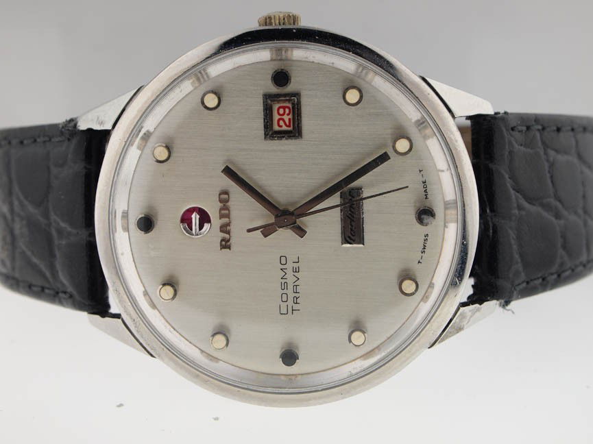 Rado Mens Large SS Cosmo Travel. Automatic.: Rado Mens Large SS Cosmo Travel. Automatic. Rado, Mens, Stainless Steel, Large, Automatic Movement, Cosmo Travel, Date, Leather Strap, Crocodile, Swiss Made.