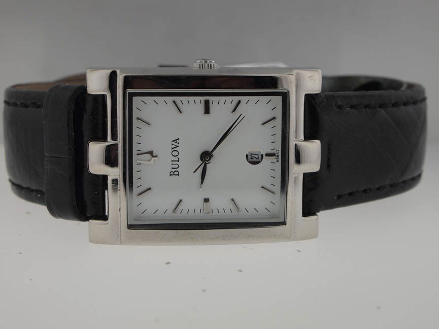 Bulova Mens SS Watch on Leather Strap.: Bulova Mens SS Watch on Leather Strap. Bulova, Mens, Stainless Steel, Quartz Movement, Date, Leather Strap, Swiss Made.