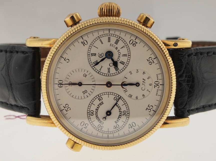 Chronoswiss Mens 18k Rattrapante C732. 38MM. BOX.: Chronoswiss Mens 18k Rattrapante C732. 38MM. BOX. Chronoswiss, Mens, 18k Gold, Rattrapante, C732, 38MM, Skeleton Back, Over $20k Retail, Spit Seconds, Automatic Movement, Swiss Made.