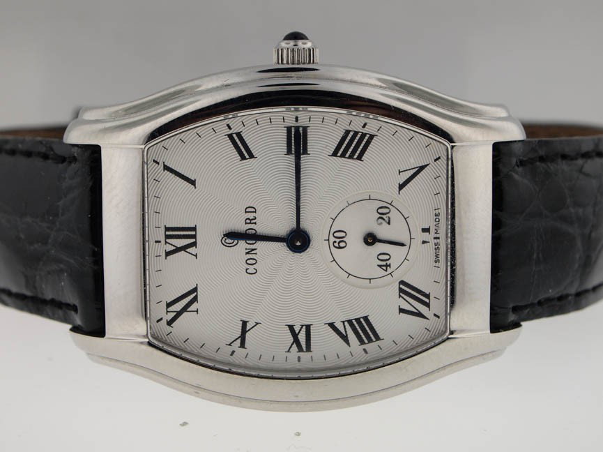 Concord Mens Stainless Steel Watch. Leather Strap.: Concord Mens Stainless Steel Watch. Leather Strap. Concord, Mens, Stainless Steel, Quartz Movement, Separate Seconds Hand, Roman Numeral Dial, Leather Strap, Swiss Made.