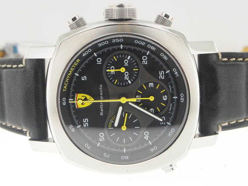 Panerai SS Ferrari 3 Button Chronograph 45MM. $14.6: Panerai SS Ferrari 3 Button Chronograph 45MM. $14.6k Retail. Panerai, Officine Panerai, Mens, Ferrari, Three Button Chronograph, 45MM, $14600 Retail, Automatic Movement, Skeleton Back, Deployment Buck
