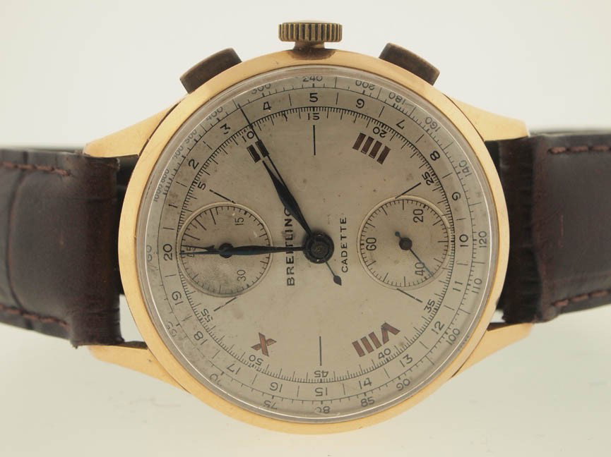Breitling Mens 18k Gold Vintage Cadette Chronograp: Breitling Mens 18k Gold Vintage Cadette Chronograph. Breitling, Mens, 18k Gold, Vintage, Cadette, Chronograph, Leather Strap, Swiss Made.
