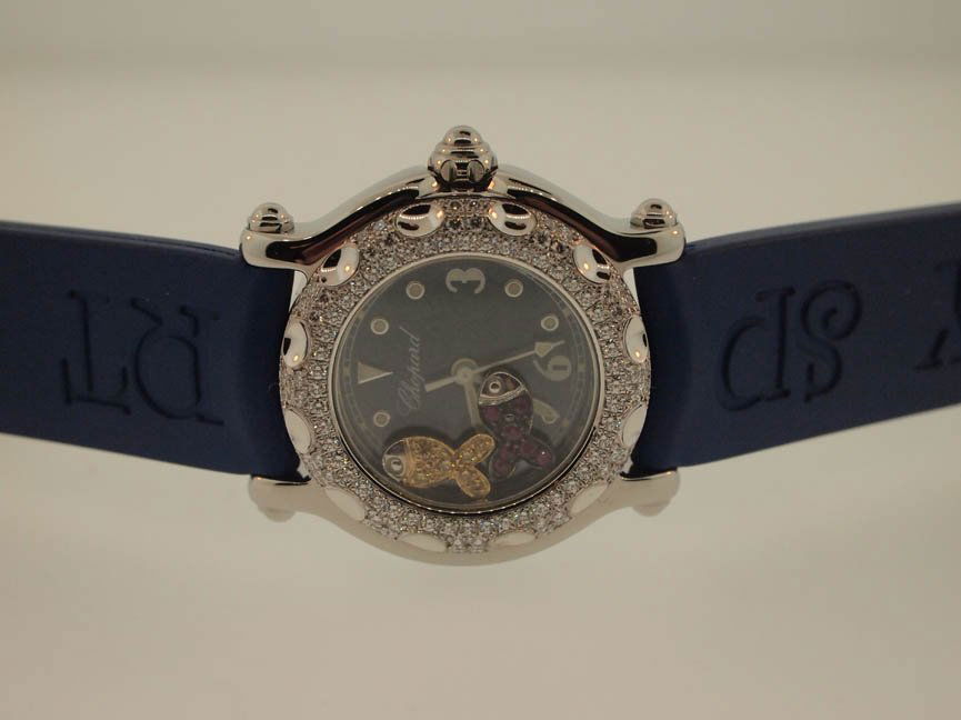 Chopard Ladies 18k Happy Sport Floating Fish. NEW.: Chopard Ladies 18k Happy Sport Floating Fish. NEW. Chopard, Ladies, 15.6k Retail, Happy Sportm 18k Gold, Diamonds, Floating Fish, Box and Papers, New, 15.6k Retail. Swiss Made.