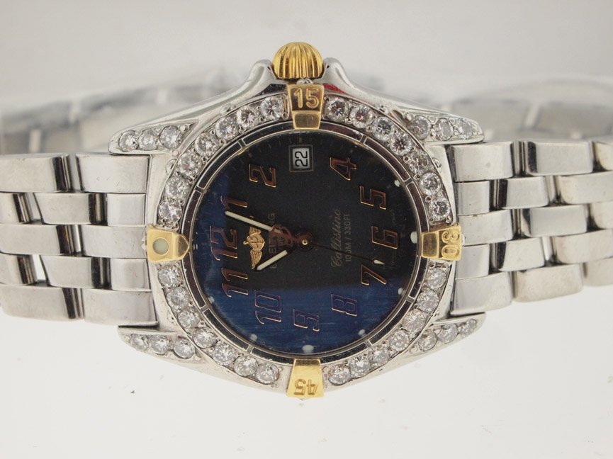 Breitling Ladies 18k and SS Callistino. Diamond Bez: Breitling Ladies 18k and SS Callistino. Diamond Bezel/Lugs. Breitling, Ladies, 18k Gold, Stainless Steel, Callistino, Custom Aftermarket Diamond Bezel and Lugs, Crosswind Bracelet, Deployment Buckle, 