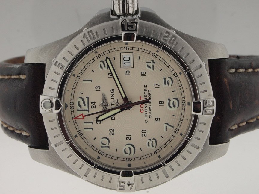 Breitling Mens SS Aeromarine Colt.: Breitling Mens SS Aeromarine Colt. Breitling, Mens, Stainless Steel, Aeromarine, Colt, Date, Deployment Buckle, Leather Strap, Swiss Made.