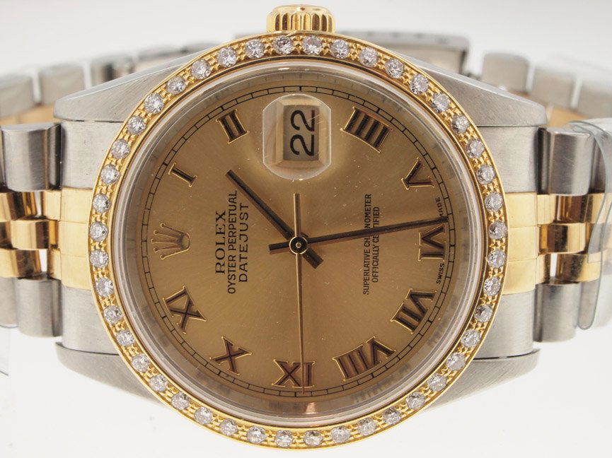 Rolex Mens 18k and SS Datejust Diamond Bezel.: Rolex Mens 18k and SS Datejust Diamond Bezel. Rolex, Mens, 18k Gold, Stainless Steel, Oyster Perpetual, Datejust, "No Holes" Model, Custom Aftermarket Diamond Bezel, Roman Numeral Dial, Quickset, Sapp