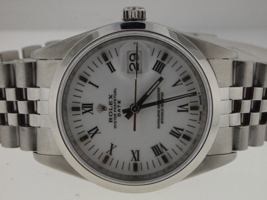 Rolex Mens SS Date Circa 90s. Roman Dial.: Rolex Mens SS Date Circa 90s. Roman Dial. Rolex, Mens, Stainless Steel, Oyster Perpetual, Date, Circa 1990s, "No Holes", Sapphire Crystal, Quickset, Automatic, Jubilee Bracelet, Deployment Buckle, Swi