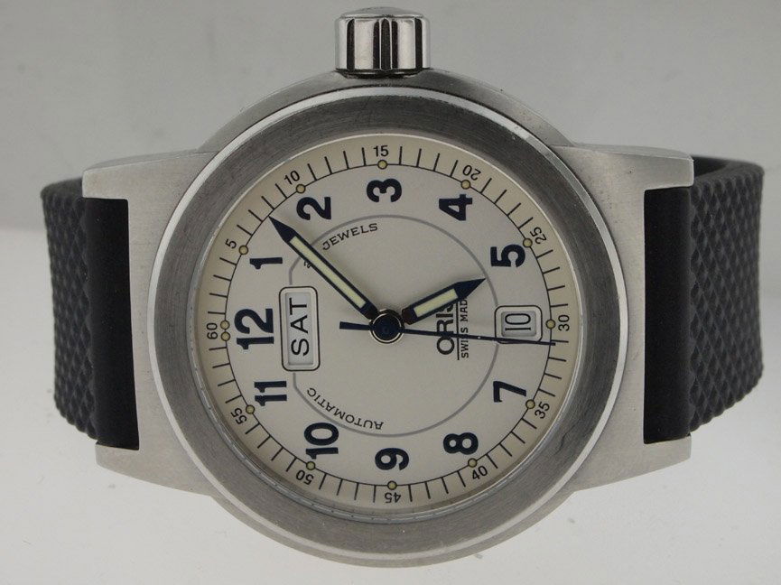 Oris Mens SS Automatic Day Date Skeleton.: Oris Mens SS Automatic Day Date Skeleton. Oris, Mens, Stainless Steel, Automatic, Day, Date, Deployment Buckle, Skeleton Back, Swiss Made,