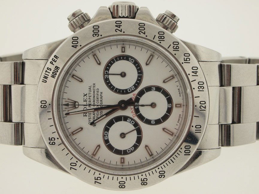 Rolex Mens SS Daytona Cosmograph. U Serial.: Rolex Mens SS Daytona Cosmograph. U Serial. Rolex, Mens, Stainless Steel, Oyster Perpetual, Daytona, Cosmograph, Chronograph, U Serial, Circa 1997, Highly Desirable Zenith Movement, White Dial, Automa