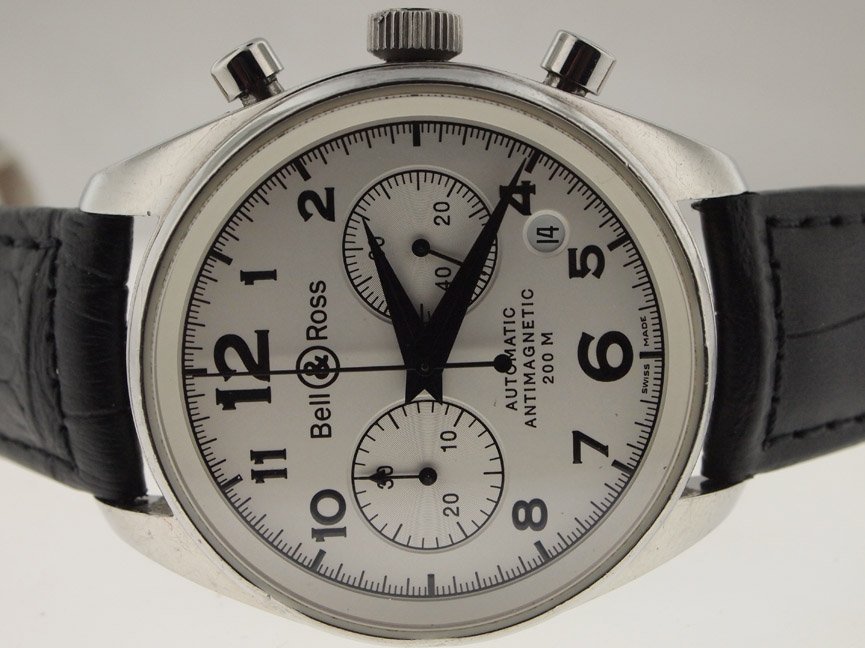 Bell & Ross Mens SS Chronograph Skeleton.: Bell & Ross Mens SS Chronograph Skeleton. Bell & Ross, Mens, Stainless Steel, Chronograph, Skeleton Back, Automatic, Date, Leather Strap, Swiss Made.