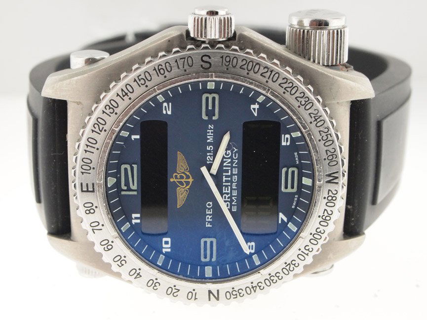 Breitling Mens Titanium Emergency Transponder Watch. PA: Breitling Mens Titanium Emergency Transponder Watch. PAPERS. Many Digital Functions. Brietling, COMES WITH PAPERS, Mens, Titanium, Emergency, Emergency Transponder, Dual Time Zone, UTC, GMT, Alarm, Ca