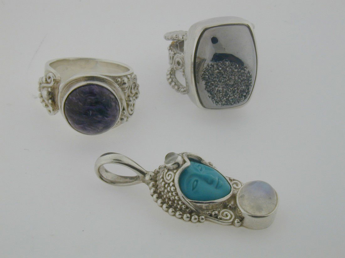 Lot of 3 - Sajen Rings & Pendant: Two marked-one type- Goddess Turq Charm- Drusy/Amethyst SS