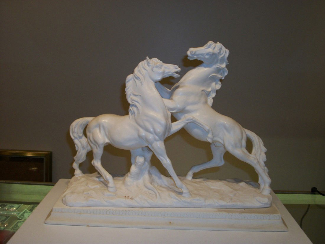 A. Santini Alabaster statue of two rearing hor: A. Santini Alabaster statue of two rearing horses, 15" high, 20" long.