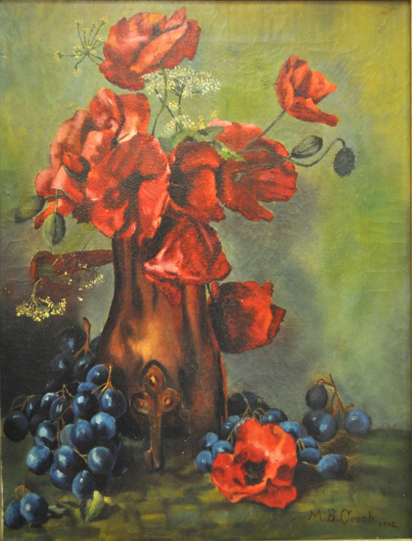 COUCH 1902 OIL ON CANVAS VASE & FLOWERS: MB COUCH 1902 FRAMED OIL ON CANVAS VASE WITH FLOWERS & GRAPES. 15.5" X 20"