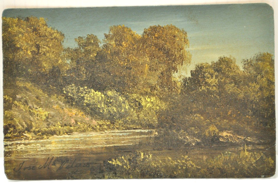 JOSE MARIA VELASCO MEXICAN OIL ON POSTCARD: VELASCO, Jose Maria, (Mexican, 1840-1912): Oil/Postcard, signed, 3.6" X 5.5"