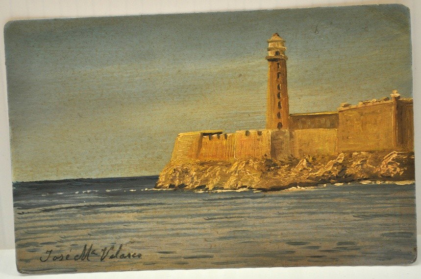 JOSE MARIA VELASCO MEXICAN OIL ON POSTCARD: VELASCO, Jose Maria, (Mexican, 1840-1912): Oil/Postcard, signed, 3.6" X 5.5"