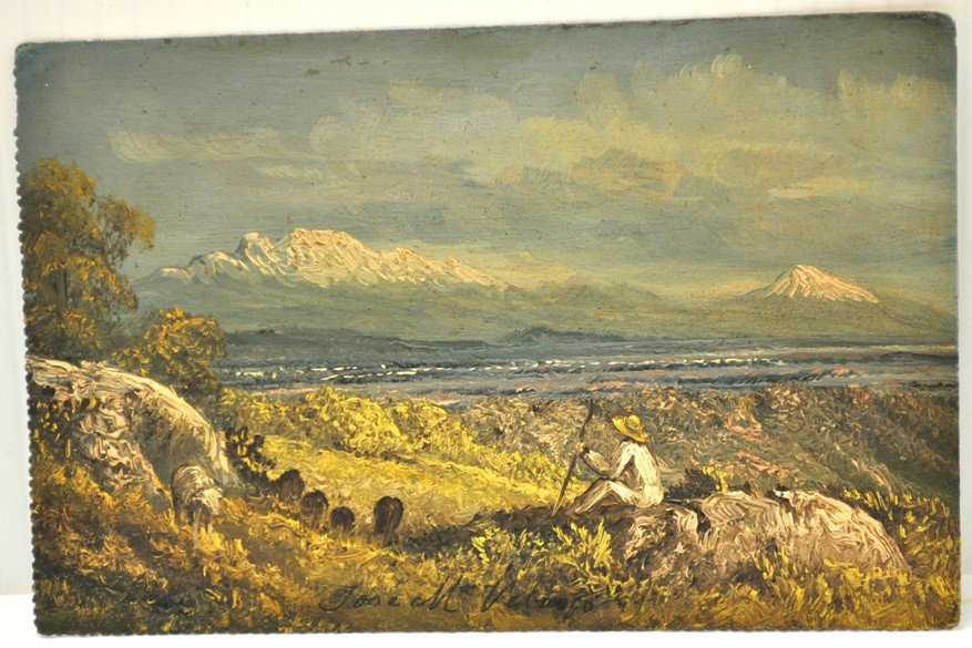 JOSE MARIA VELASCO MEXICAN OIL ON POSTCARD: VELASCO, Jose Maria, (Mexican, 1840-1912): Oil/Postcard, signed, 3.6" X 5.5"