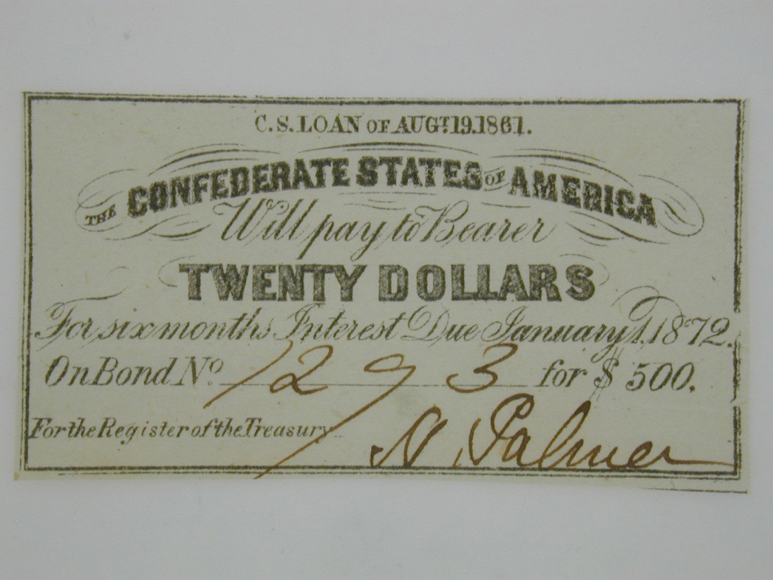 Confederate States of America War bond: Twenty Dollar, Bond # 1293 Signed by N. Palmer, UNC